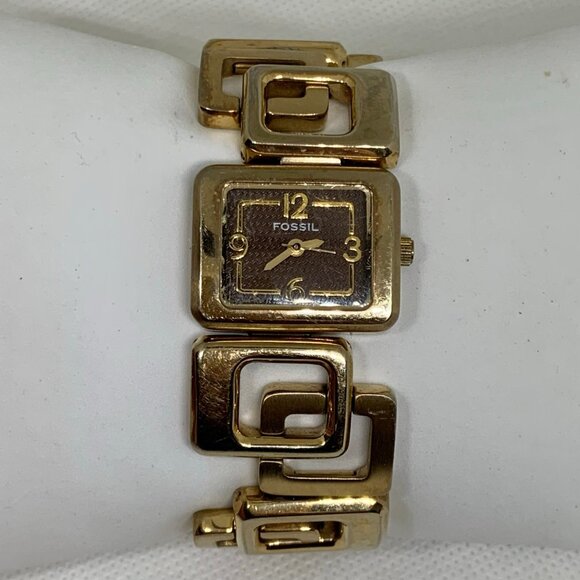 Vintage Fossil Dress watch gold tone brown Dial all Stainless up to 7” running - Picture 1 of 8